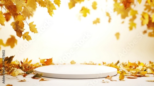 Autumn Leaves Showcase: A minimalist platform is surrounded by falling golden autumn leaves, creating a warm, inviting stage. Perfect for product display or seasonal themes.