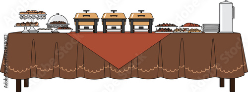 Buffet catering table setup with food warmers dishes and serving equipment vector illustration
