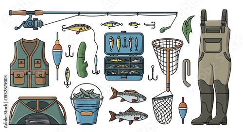 Fishing Gear Collection - Rod, Tackle Box, Waders, and Accessories for Angling.