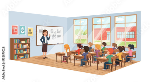 Teacher Instructing Students in a Bright Classroom