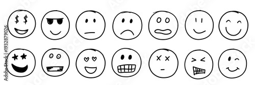Cuadro en lienzo black hand-drawn set of various emotional face, smiley emojies isolated on white