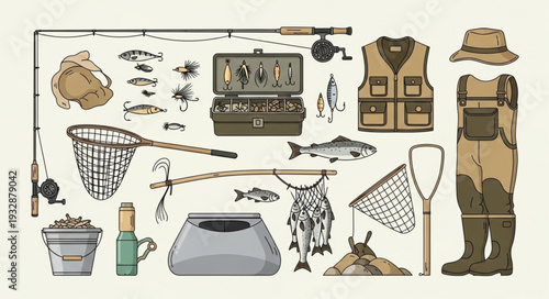 Fishing gear illustration - rods, nets, tackle box, and accessories for angling.
