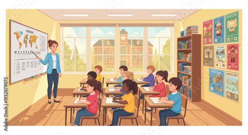 Diverse students listen to teacher explaining world map on whiteboard in classroom