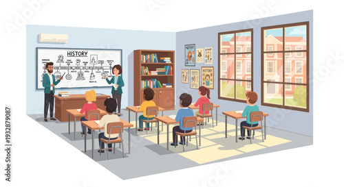 Classroom learning: teacher instructs students at desks, history lesson on whiteboard