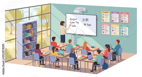 Multilingual Classroom: Teacher Instructs Diverse Students on Languages with Smartboard