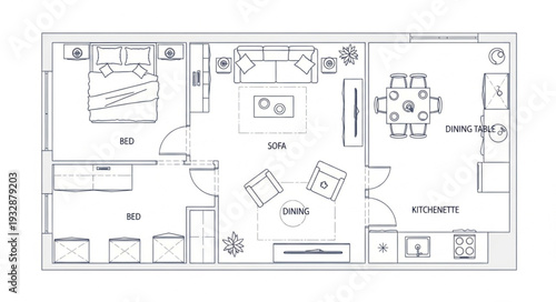 Detailed floor plan of a modern apartment with furniture layout and design.