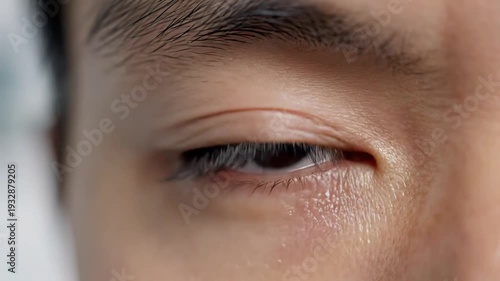 Closeup extreme shot of a human eye with a tear rolling down the cheek conveying sadness and emotion slow motion.
