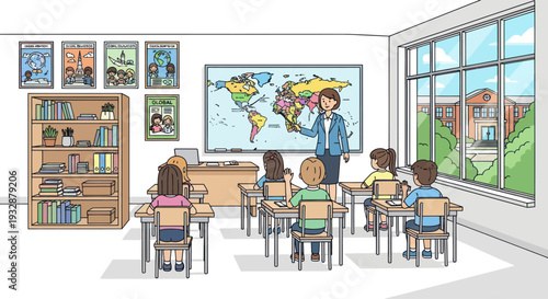 Teacher Explains World Map to Students in Classroom
