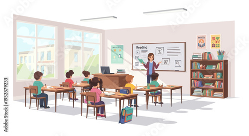 Diverse students learning in modern classroom with teacher at whiteboard