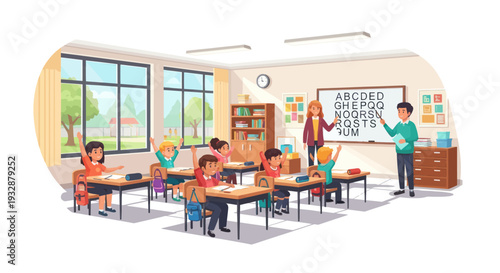 Diverse students raising hands in classroom with teachers, learning alphabet