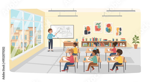 Diverse students learning in a bright, modern classroom with a teacher at the whiteboard.