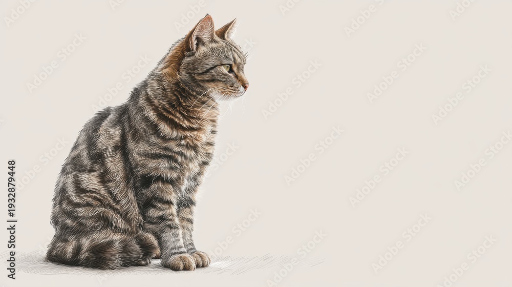 Fototapeta premium Sitting tabby cat looking right isolated on a neutral background. Domestic animal pet for banner, poster, or greeting card design.