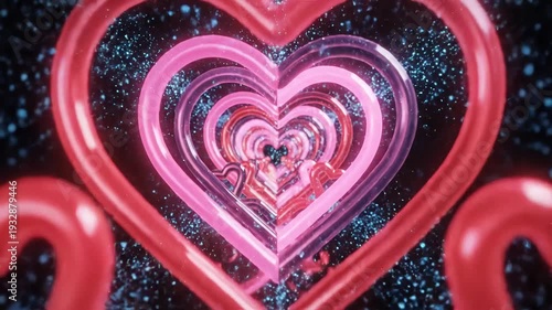 Infinite tunnel of glowing pink and red hearts with sparkling particles creating a romantic and dreamy Valentines Day or love celebration background.