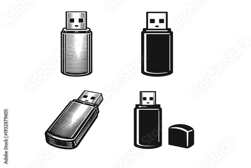 Monochrome usb flash drive illustrations in various angles