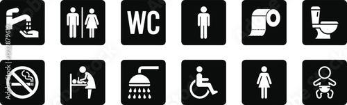 Toilet Icon Set with WC and Public Bathroom Symbols, Washroom Signs Including Male Female Restroom, Disabled Access, Shower, No Smoking and Hygiene Vector Illustration Collection