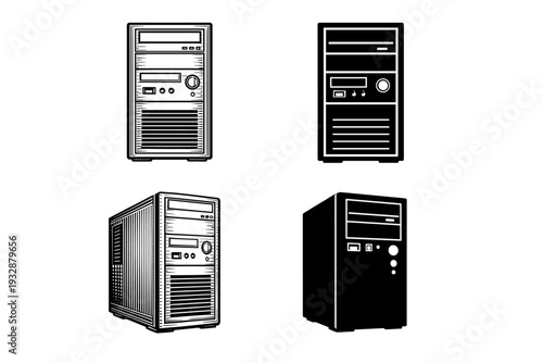 Collection of four retro desktop computer towers in black and white il