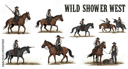 Cowboys on horseback in the Wild West, riding through the open plains with rifles.