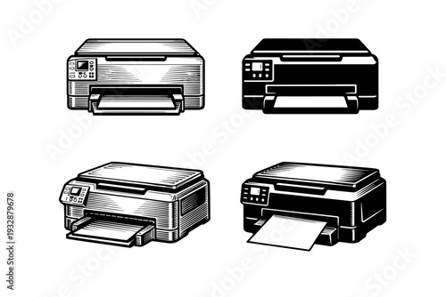 Vintage black and white ink sketches of four multifunction printers wi