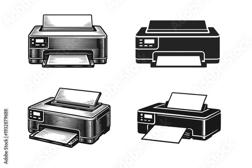 Retro style printers in monochrome graphic illustration