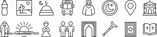 Minimalist Ramadan and Islamic culture line icons set, travel landmarks, religion symbols, vector outline illustration collection for web and print