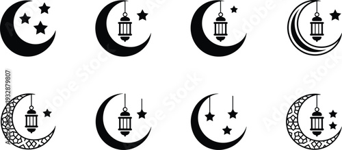 Set of eight minimalist black and white crescent moon, star and lantern Islamic Ramadan vector icons collection for festive design