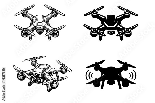 Set of four drone silhouettes with cameras in various designs and styl