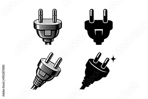 Vintage and modern electric plug designs in black and white