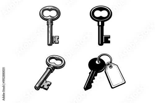 Vintage and modern keys set with tags in black and white illustration