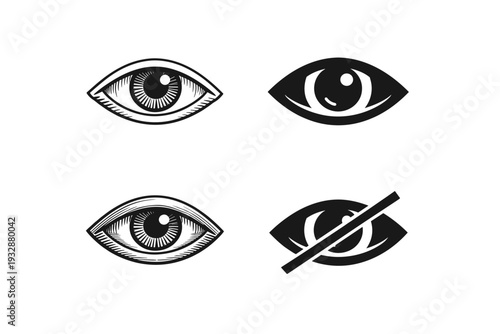 Set of eye icons: open closed stylized designs in black and white