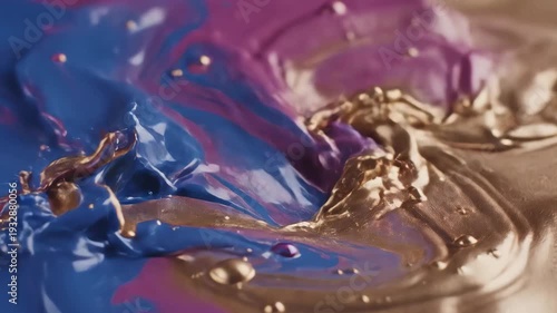 Mesmerizing closeup of metallic blue and gold liquids swirling and splashing together in a dynamic abstract fluid art creation.