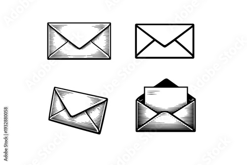 Set of four vintage envelope icon illustrations with letter variations