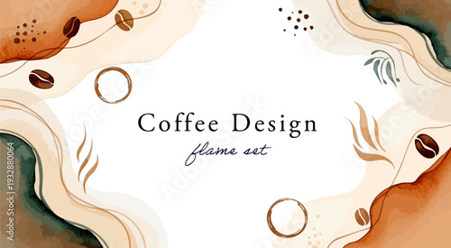 水彩コーヒーフレーム背景｜コーヒー豆と温かみのあるブラウンカラーで囲んだナチュラルなカフェデザイン素材