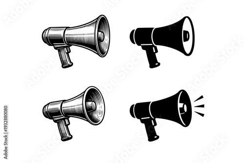 Vintage and modern megaphone collection in various styles