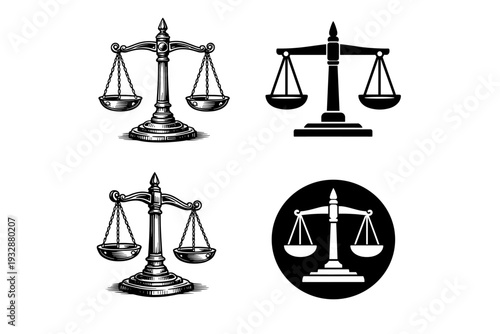 Set of scales of justice illustrations: classic silhouette and icon de