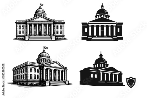 Set of capitol building designs: detailed and silhouette variations