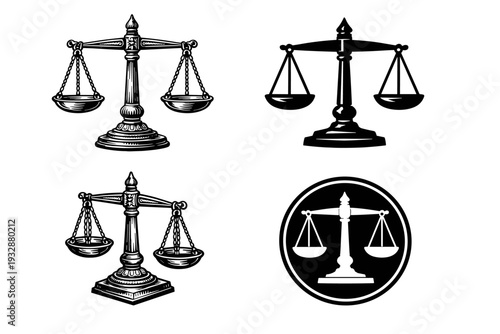 Set of justice scales symbols on white background