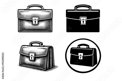 Vintage and modern leather briefcase icons set with lock in black and