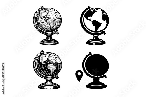 Set of vintage globe illustrations in various styles and positions