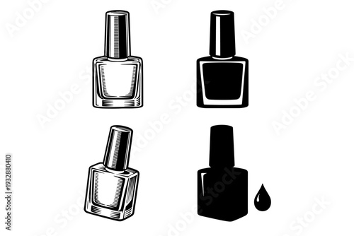 Black and white nail polish illustrations with ink droplet