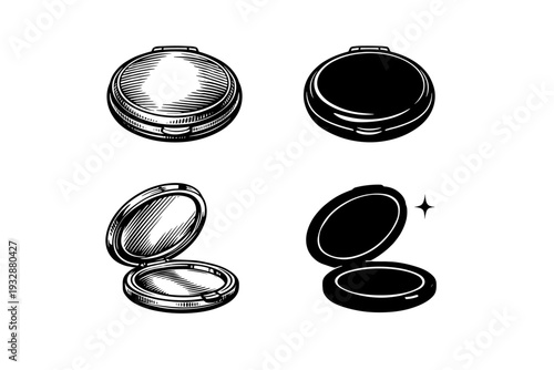 Vintage compact mirror set in artistic black and white design