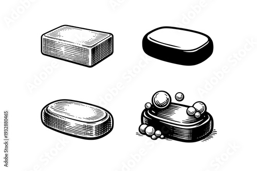 Set of hand-drawn soap bars with bubbles in black and white illustrati