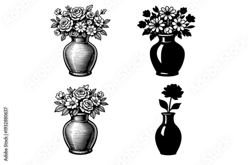 Black and white floral vase designs featuring roses and daisies