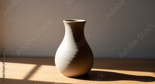 Simple ceramic vase on wooden table with natural light and shadow