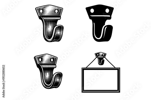 Vintage wall hooks and frame illustration set in black and white