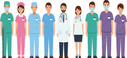Medical team doctors and nurses standing together healthcare professionals vector illustration