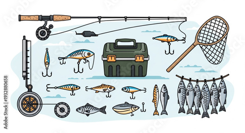 Fishing gear assortment illustration featuring rods, lures, nets, and tackle box.