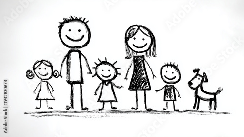 Childlike Family Drawing with Dog on White