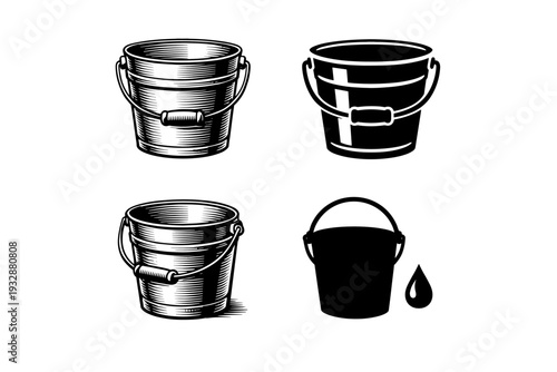 Vintage bucket illustrations with handle and water drop in black and w
