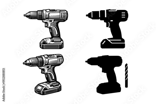 Cordless drill illustrations and silhouettes with battery pack