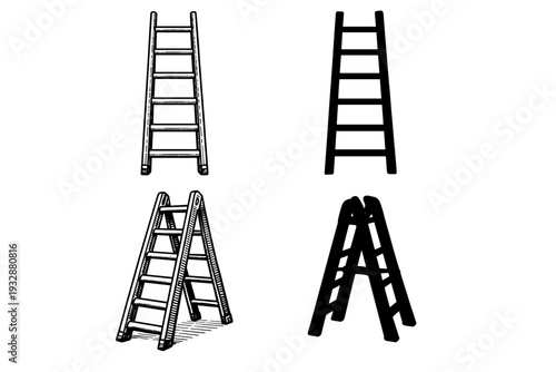 Four ladder illustrations: two styles open and closed positions
